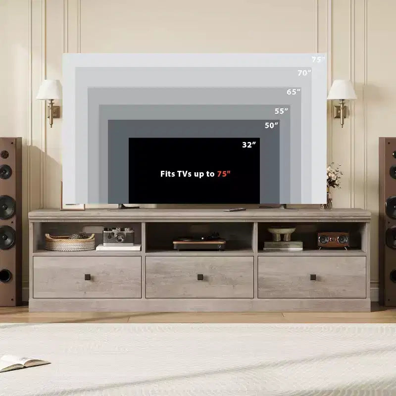Meuble TV en bois Acekool pour téléviseur de 75 pouces, meuble de divertissement moderne du milieu du siècle avec 3 tiroirs pour salon