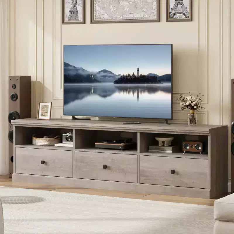 Meuble TV en bois Acekool pour téléviseur de 75 pouces, meuble de divertissement moderne du milieu du siècle avec 3 tiroirs pour salon