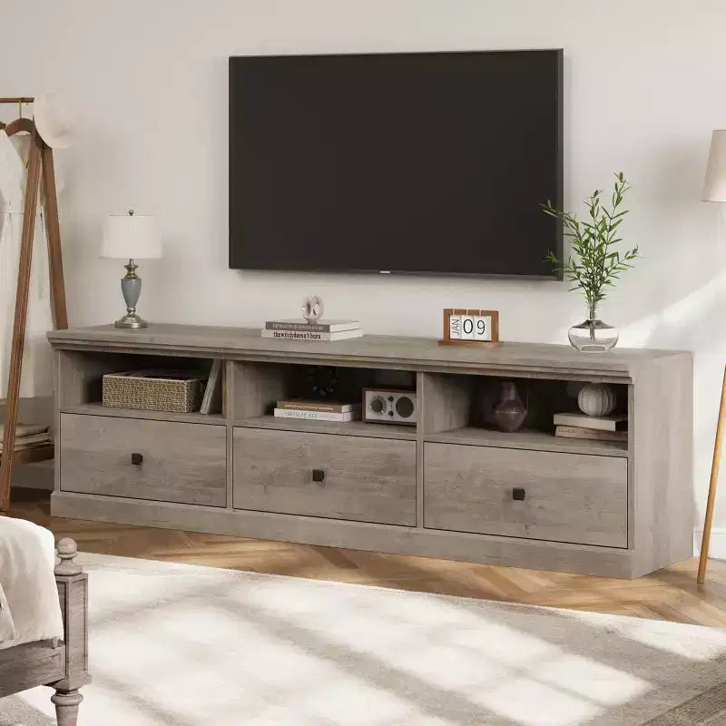 Meuble TV en bois Acekool pour téléviseur de 75 pouces, meuble de divertissement moderne du milieu du siècle avec 3 tiroirs pour salon