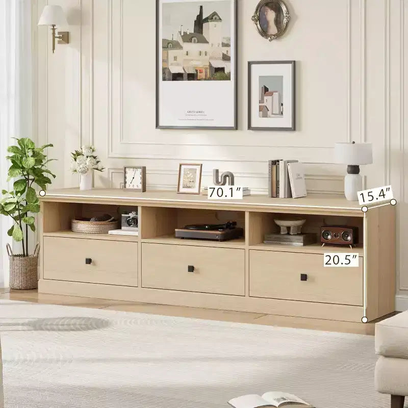 Meuble TV en bois Acekool pour téléviseur de 75 pouces, meuble de divertissement moderne du milieu du siècle avec 3 tiroirs pour salon