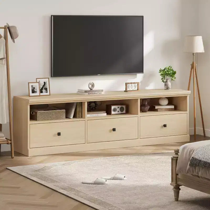 Meuble TV en bois Acekool pour téléviseur de 75 pouces, meuble de divertissement moderne du milieu du siècle avec 3 tiroirs pour salon