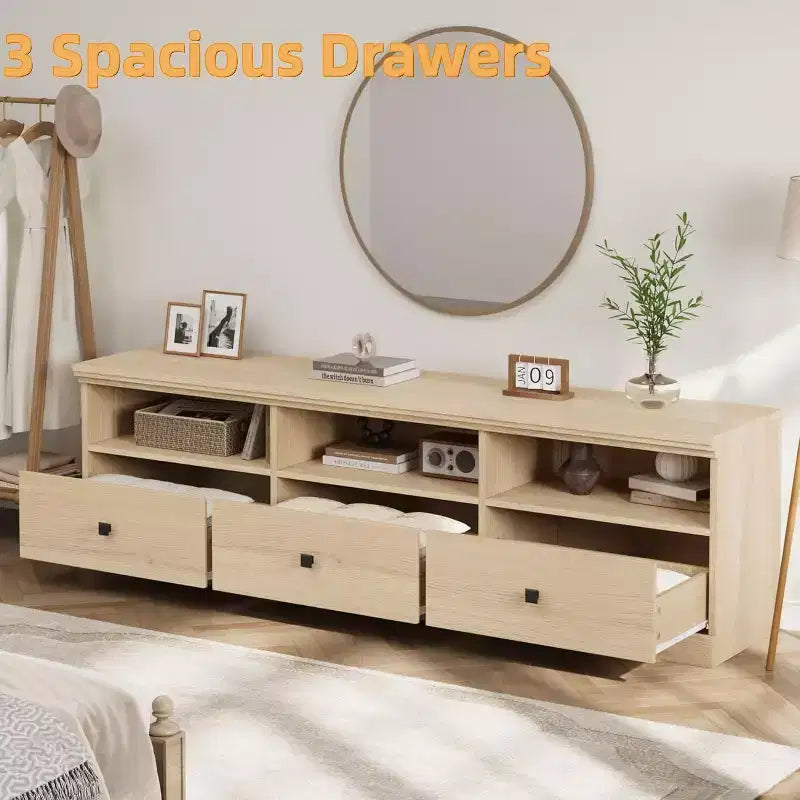 Meuble TV en bois Acekool pour téléviseur de 75 pouces, meuble de divertissement moderne du milieu du siècle avec 3 tiroirs pour salon