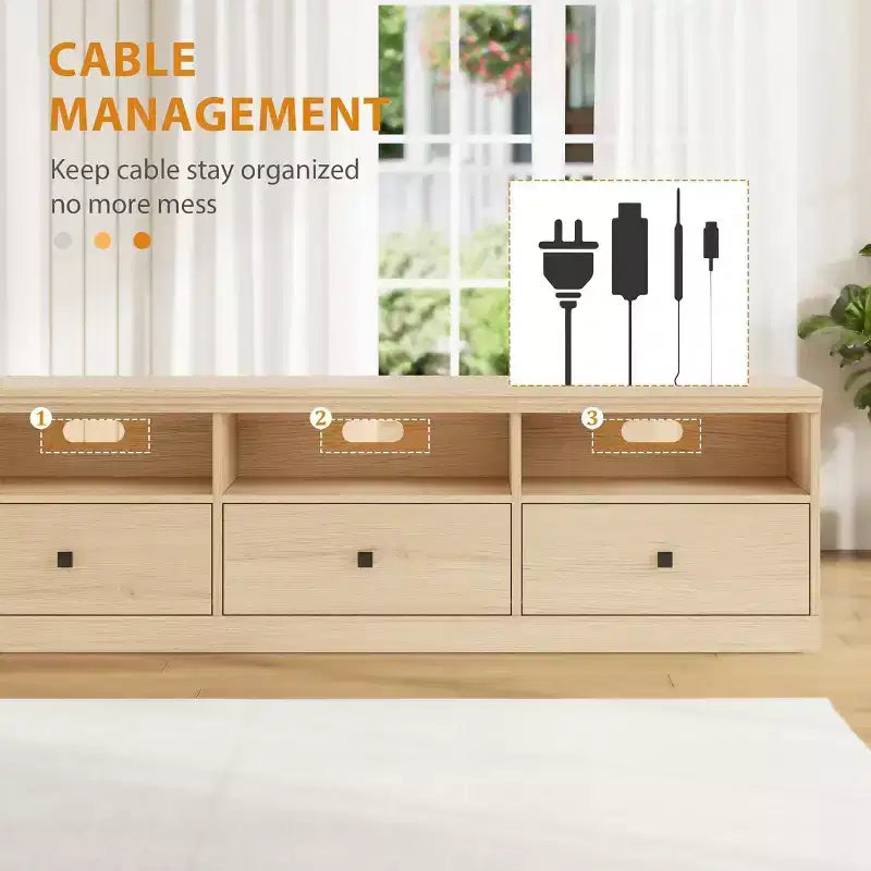 Meuble TV en bois Acekool pour téléviseur de 75 pouces, meuble de divertissement moderne du milieu du siècle avec 3 tiroirs pour salon