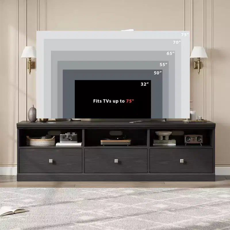 Meuble TV en bois Acekool pour téléviseur de 75 pouces, meuble de divertissement moderne du milieu du siècle avec 3 tiroirs pour salon