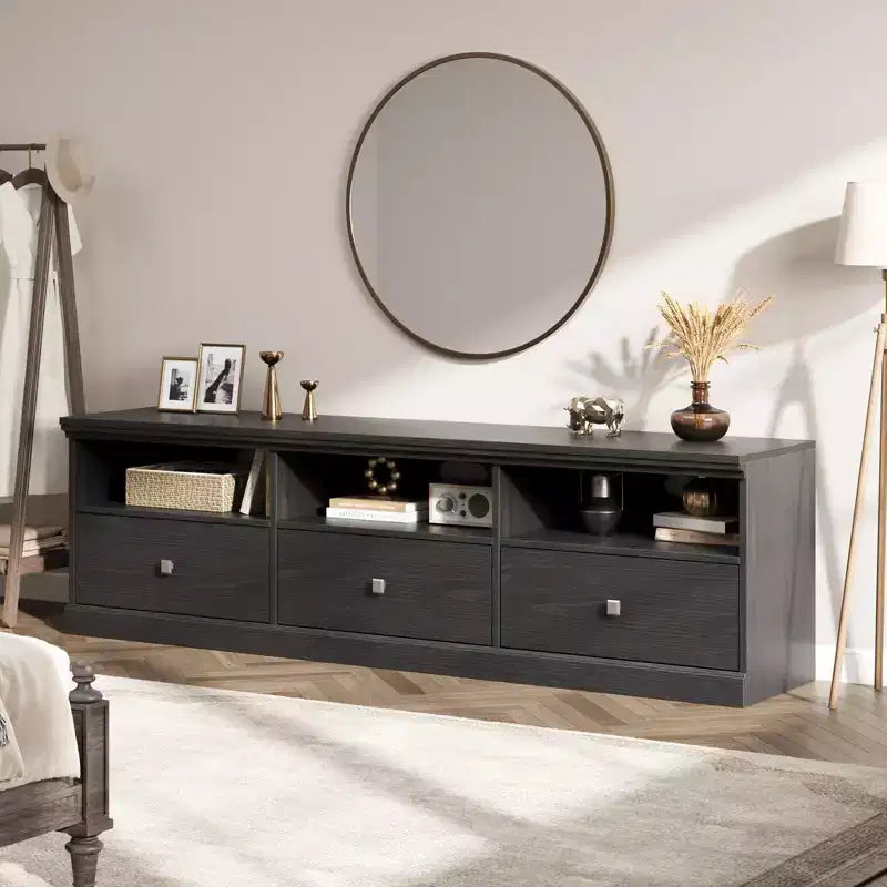 Meuble TV en bois Acekool pour téléviseur de 75 pouces, meuble de divertissement moderne du milieu du siècle avec 3 tiroirs pour salon