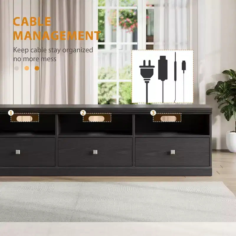 Meuble TV en bois Acekool pour téléviseur de 75 pouces, meuble de divertissement moderne du milieu du siècle avec 3 tiroirs pour salon