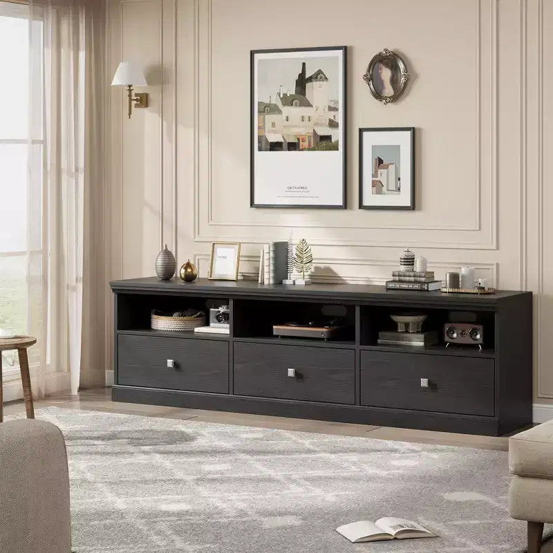 Meuble TV en bois Acekool pour téléviseur de 75 pouces, meuble de divertissement moderne du milieu du siècle avec 3 tiroirs pour salon