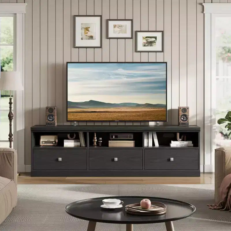 Meuble TV en bois Acekool pour téléviseur de 75 pouces, meuble de divertissement moderne du milieu du siècle avec 3 tiroirs pour salon
