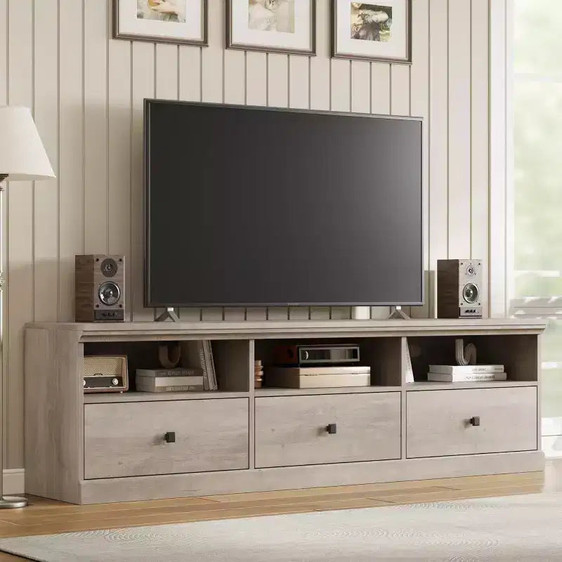 Meuble TV en bois Acekool pour téléviseur de 75 pouces, meuble de divertissement moderne du milieu du siècle avec 3 tiroirs pour salon