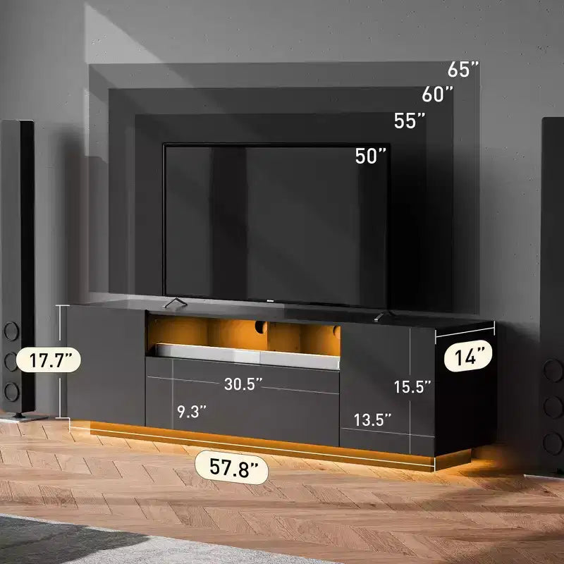 Meuble TV pour téléviseur de 65 pouces, meuble de divertissement de 58 pouces avec armoire de rangement