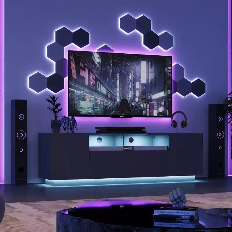 Meuble TV pour téléviseur de 65 pouces, meuble de divertissement de 58 pouces avec armoire de rangement