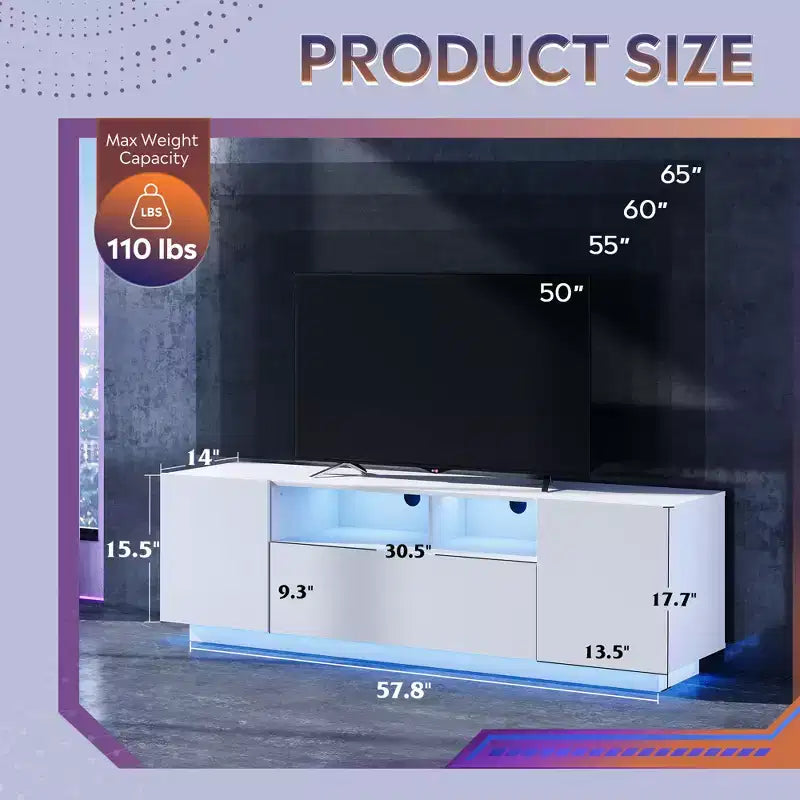 Meuble TV pour téléviseur de 65 pouces, meuble de divertissement de 58 pouces avec armoire de rangement