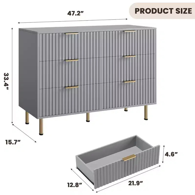 Commode à 6 tiroirs cannelés Whizmax, commode moderne de 137 cm de large avec rangement profond, grande commode double, meuble TV, organisateur en bois pour chambre/salon/enfants