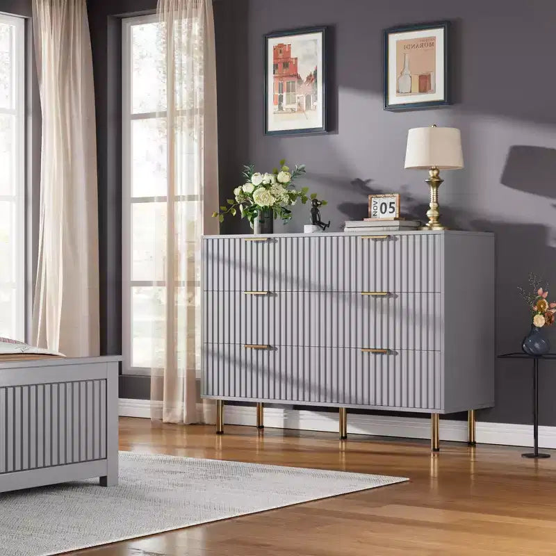 Commode à 6 tiroirs cannelés Whizmax, commode moderne de 137 cm de large avec rangement profond, grande commode double, meuble TV, organisateur en bois pour chambre/salon/enfants