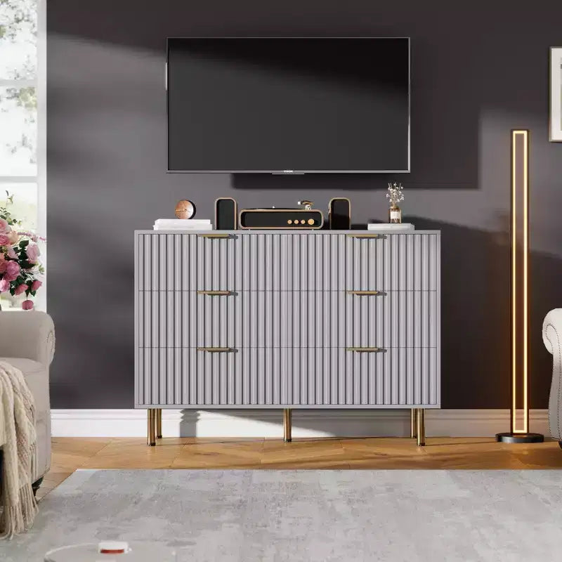 Commode à 6 tiroirs cannelés Whizmax, commode moderne de 137 cm de large avec rangement profond, grande commode double, meuble TV, organisateur en bois pour chambre/salon/enfants