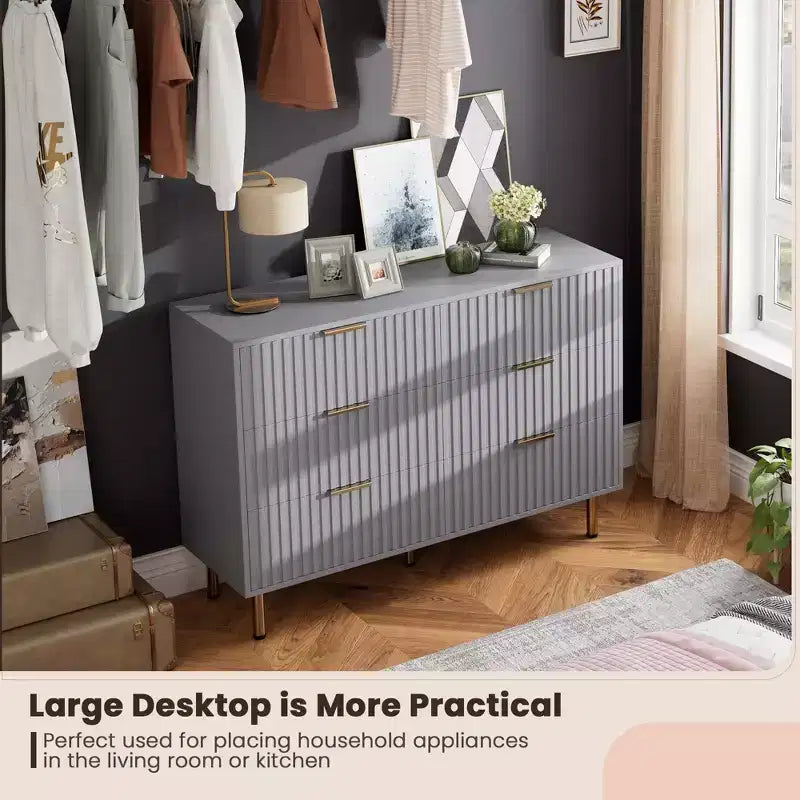 Commode à 6 tiroirs cannelés Whizmax, commode moderne de 137 cm de large avec rangement profond, grande commode double, meuble TV, organisateur en bois pour chambre/salon/enfants