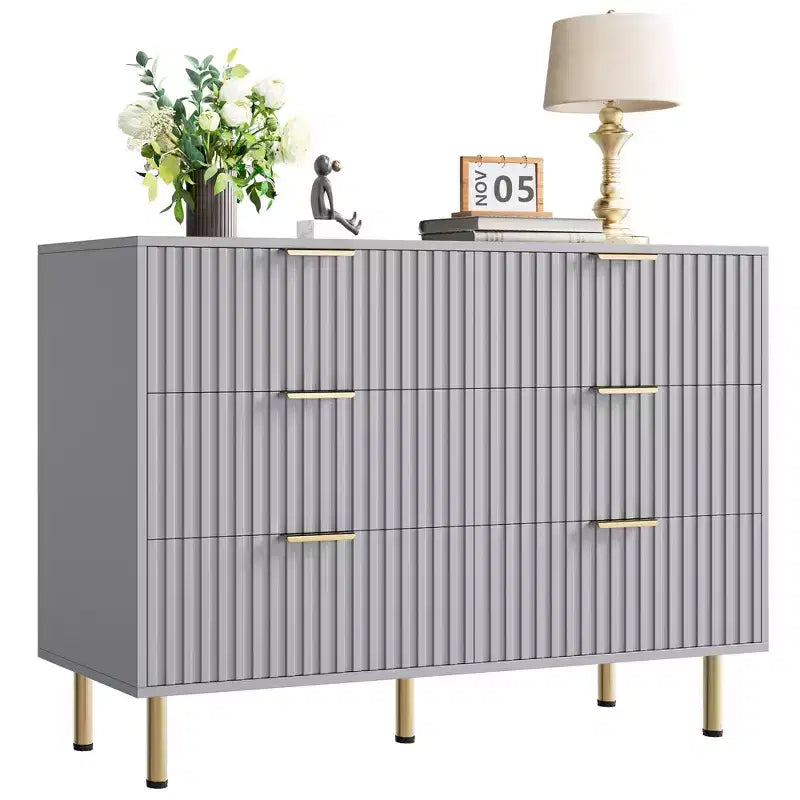 Commode à 6 tiroirs cannelés Whizmax, commode moderne de 137 cm de large avec rangement profond, grande commode double, meuble TV, organisateur en bois pour chambre/salon/enfants
