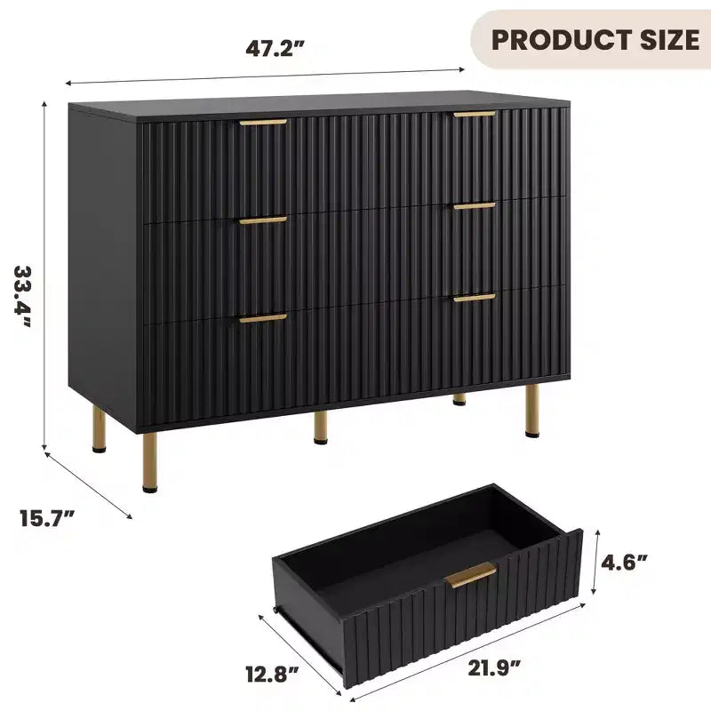 Commode à 6 tiroirs cannelés Whizmax, commode moderne de 137 cm de large avec rangement profond, grande commode double, meuble TV, organisateur en bois pour chambre/salon/enfants