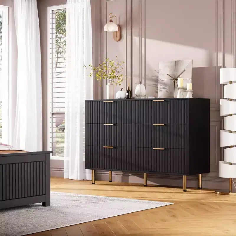 Commode à 6 tiroirs cannelés Whizmax, commode moderne de 137 cm de large avec rangement profond, grande commode double, meuble TV, organisateur en bois pour chambre/salon/enfants