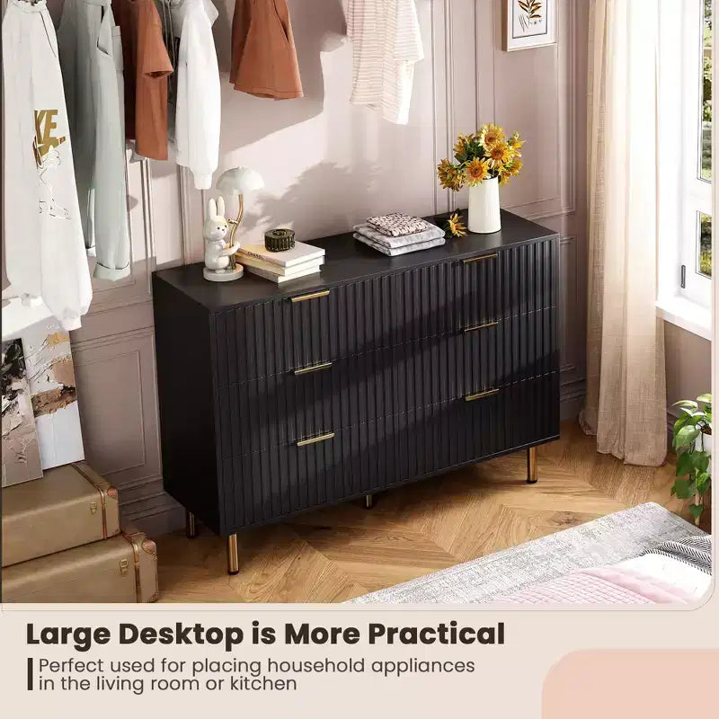 Commode à 6 tiroirs cannelés Whizmax, commode moderne de 137 cm de large avec rangement profond, grande commode double, meuble TV, organisateur en bois pour chambre/salon/enfants