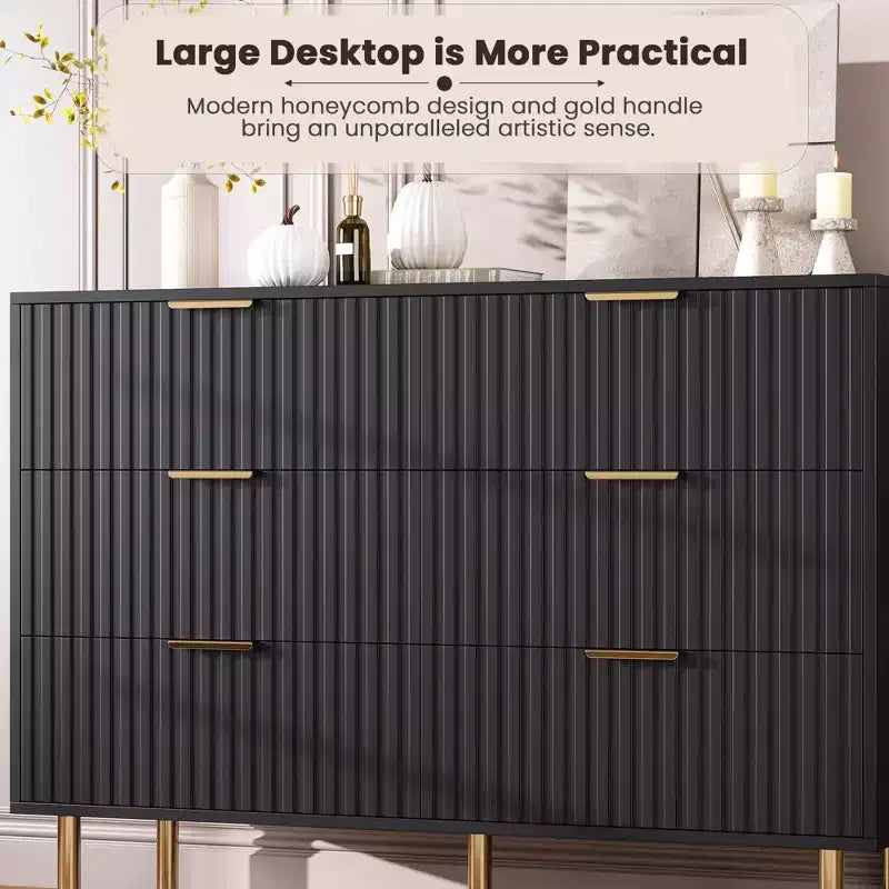Commode à 6 tiroirs cannelés Whizmax, commode moderne de 137 cm de large avec rangement profond, grande commode double, meuble TV, organisateur en bois pour chambre/salon/enfants