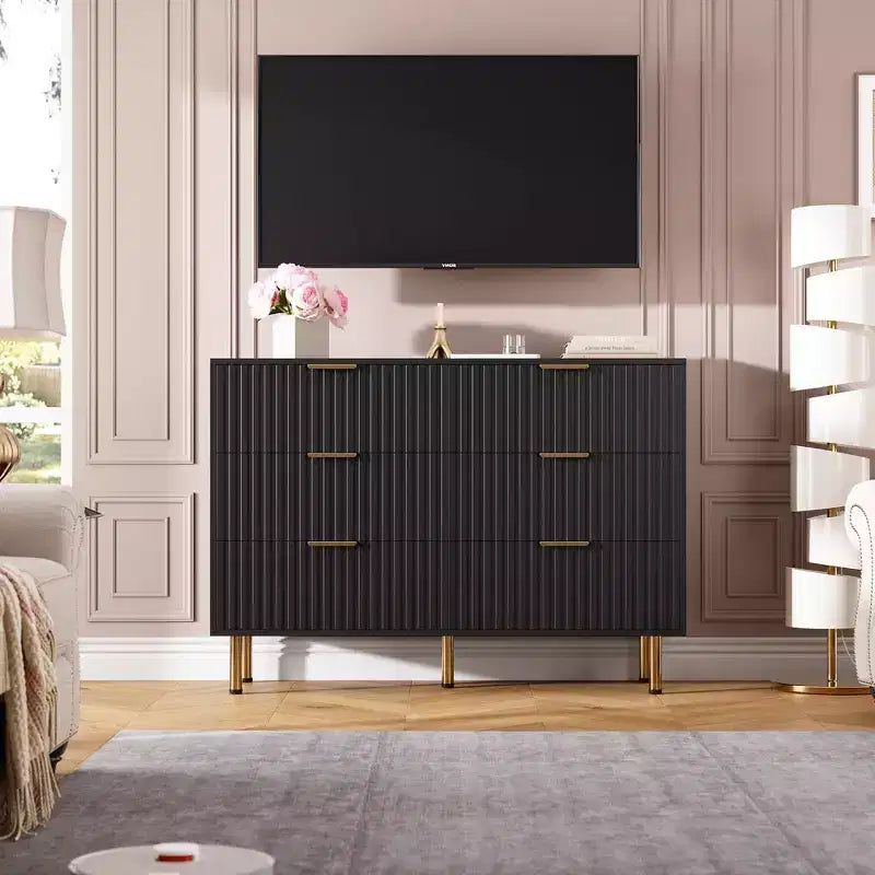 Commode à 6 tiroirs cannelés Whizmax, commode moderne de 137 cm de large avec rangement profond, grande commode double, meuble TV, organisateur en bois pour chambre/salon/enfants