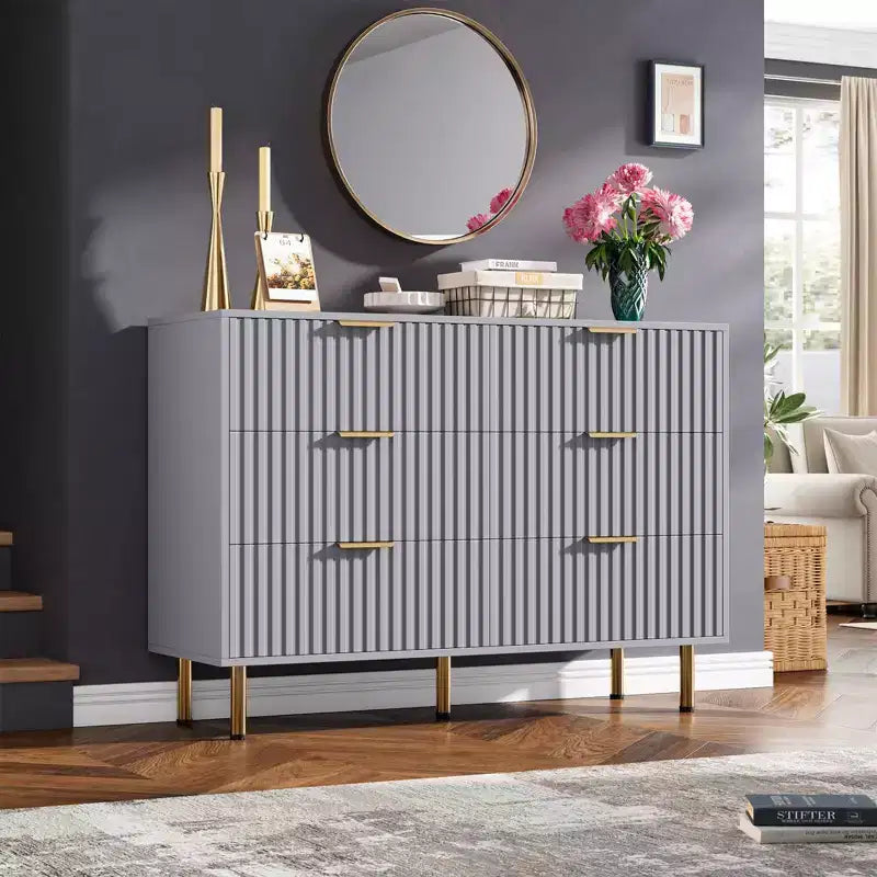Commode à 6 tiroirs cannelés Whizmax, commode moderne de 137 cm de large avec rangement profond, grande commode double, meuble TV, organisateur en bois pour chambre/salon/enfants
