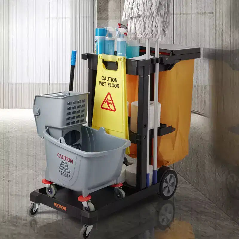 Chariot de nettoyage VEVOR, chariot de conciergerie commercial à 3 étagères, chariot de ménage en plastique d'une capacité de 90 kg, avec sac et couvercle en PVC de 95 litres