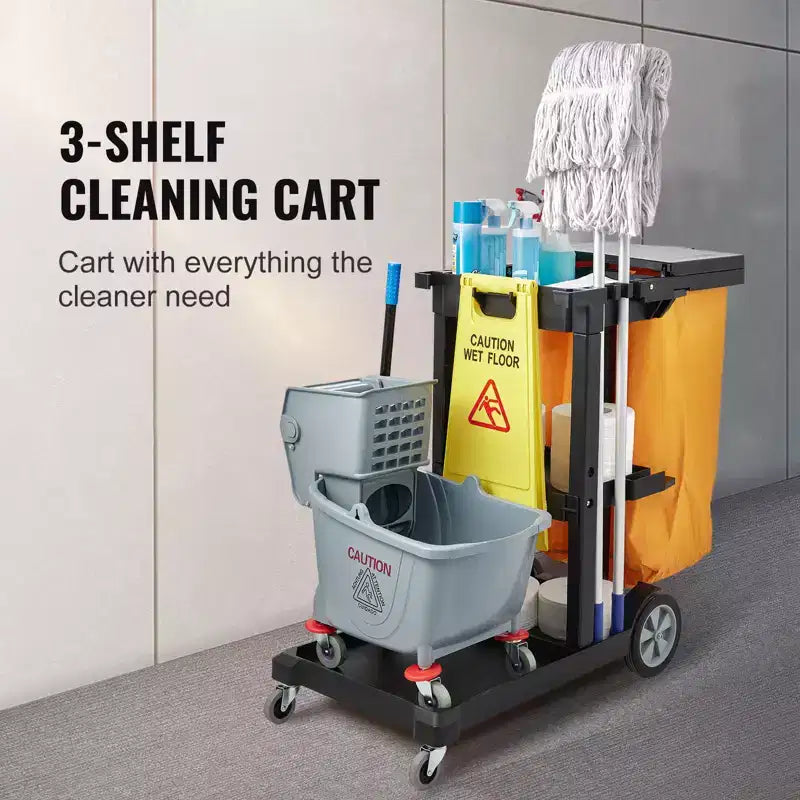 Chariot de nettoyage VEVOR, chariot de conciergerie commercial à 3 étagères, chariot de ménage en plastique d'une capacité de 90 kg, avec sac et couvercle en PVC de 95 litres