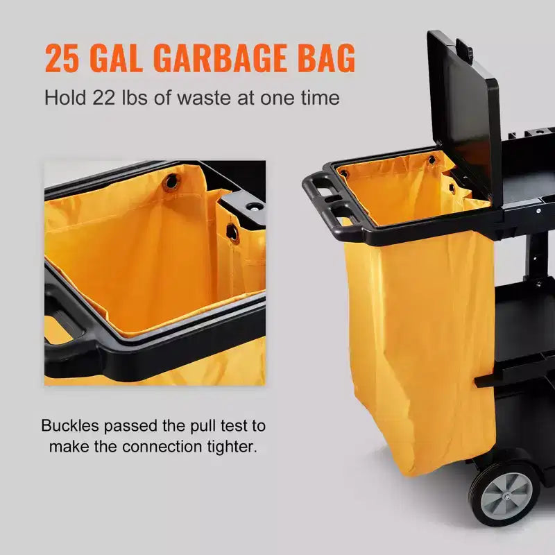 Chariot de nettoyage VEVOR, chariot de conciergerie commercial à 3 étagères, chariot de ménage en plastique d'une capacité de 90 kg, avec sac et couvercle en PVC de 95 litres