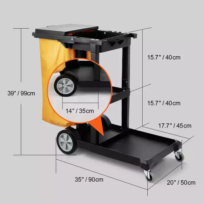 Chariot de nettoyage VEVOR, chariot de conciergerie commercial à 3 étagères, chariot de ménage en plastique d'une capacité de 90 kg, avec sac et couvercle en PVC de 95 litres