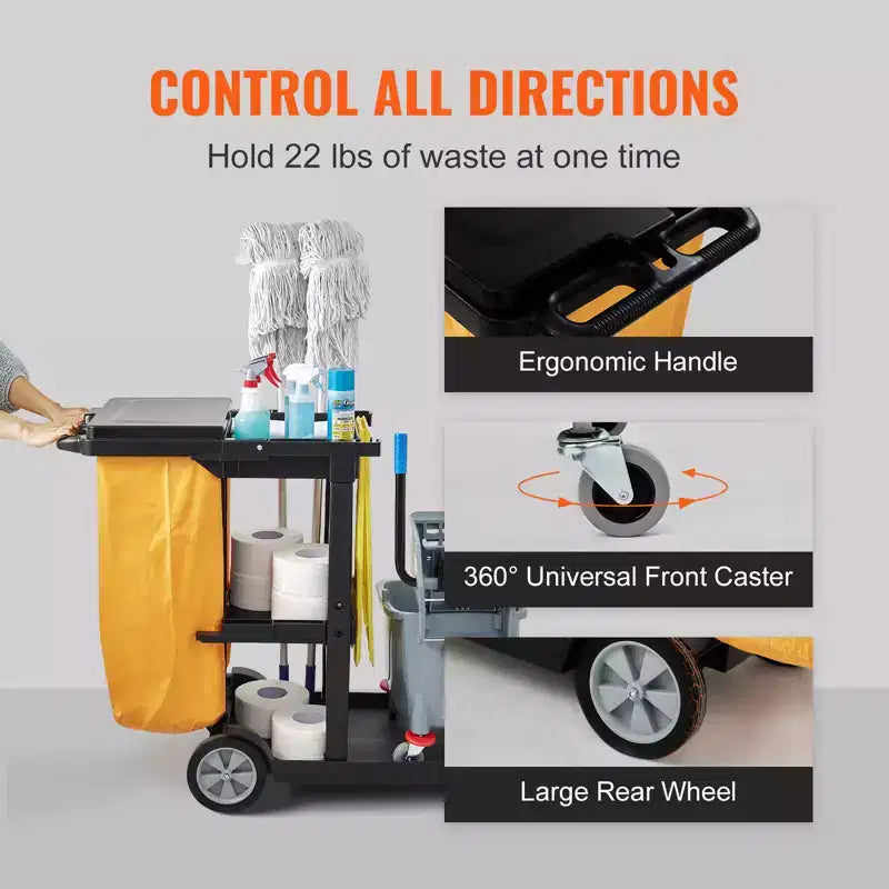 Chariot de nettoyage VEVOR, chariot de conciergerie commercial à 3 étagères, chariot de ménage en plastique d'une capacité de 90 kg, avec sac et couvercle en PVC de 95 litres