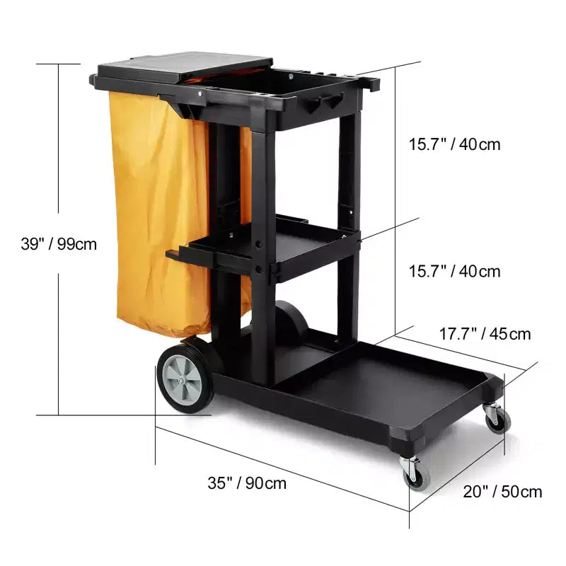 Chariot de nettoyage VEVOR, chariot de conciergerie commercial à 3 étagères, chariot de ménage en plastique d'une capacité de 90 kg, avec sac et couvercle en PVC de 95 litres
