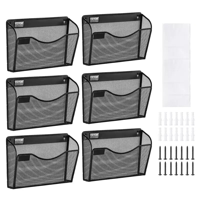 VEVOR File Wall Rack, Six-Piece 1 Pocket Mesh Wall File Holder, Wall Mounted Magazine Mail Paper & Document Storage Folder, Metal Wall File Organizer