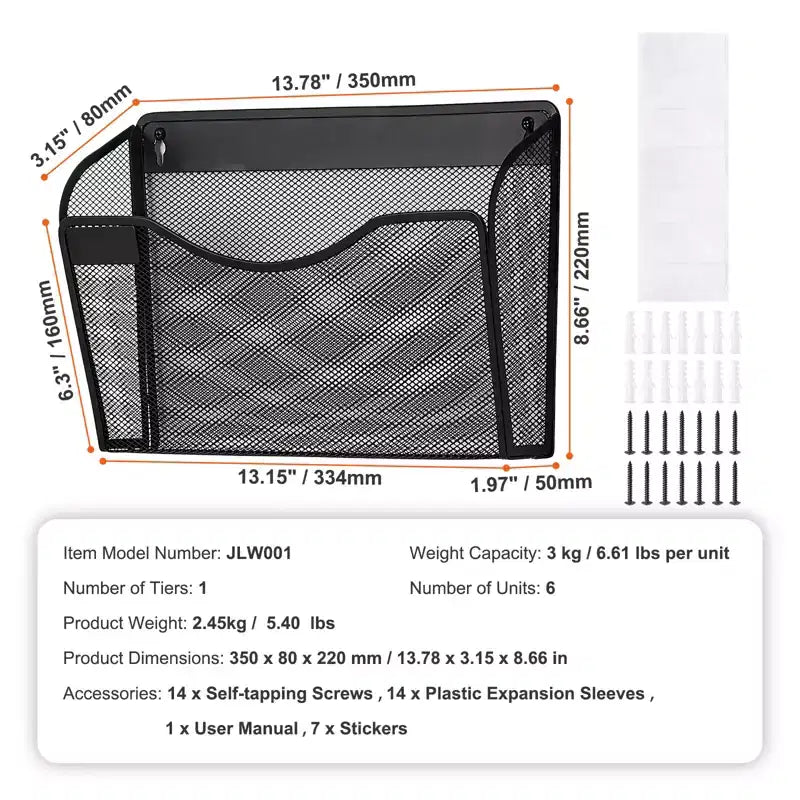 Porte-revues mural VEVOR, porte-documents mural en maille à 6 compartiments, support mural pour magazines, courrier, papier et documents, organiseur mural en métal.