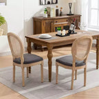 Lot de 2 chaises de salle à manger de style français Chaises rembourrées Chaises d'appoint Chaises sans accoudoirs avec dossier en rotin/dossier rembourré, naturel+beige/gris-ModernLuxe