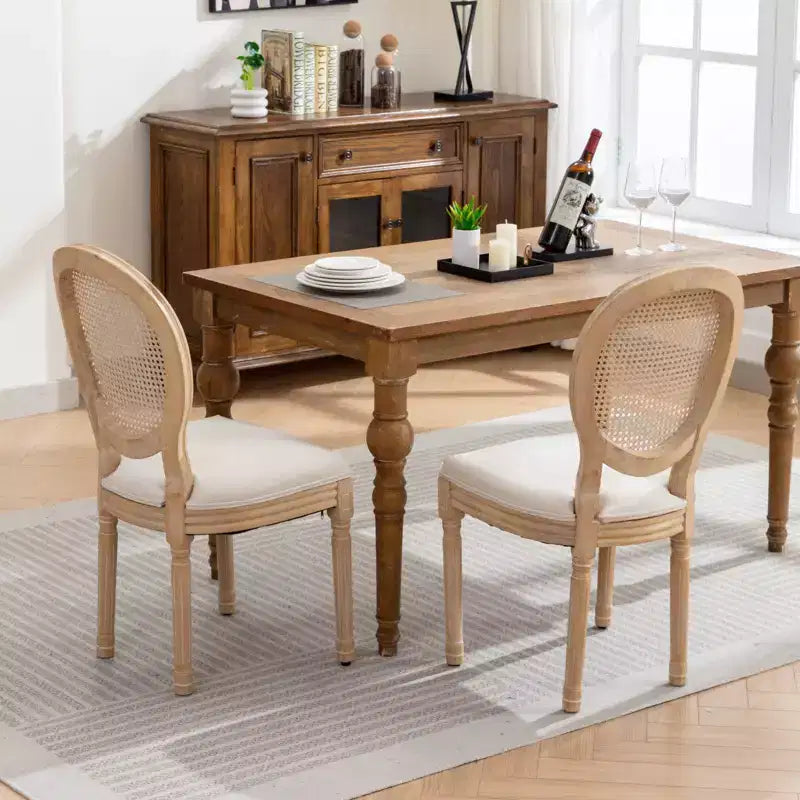 Lot de 2 chaises de salle à manger de style français Chaises rembourrées Chaises d'appoint Chaises sans accoudoirs avec dossier en rotin/dossier rembourré, naturel+beige/gris-ModernLuxe