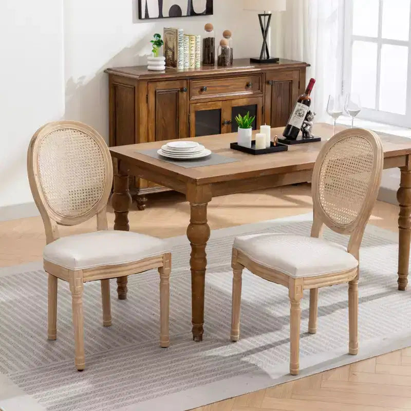 Set of 2 French Style Dining Chairs Upholstered Chairs Accent Chairs Armless Chairs with Rattan Back/Upholstered Back, Natural+Beige/Gray-ModernLuxe
