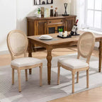 Set of 2 French Style Dining Chairs Upholstered Chairs Accent Chairs Armless Chairs with Rattan Back/Upholstered Back, Natural+Beige/Gray-ModernLuxe