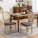 Lot de 2 chaises de salle à manger de style français Chaises rembourrées Chaises d'appoint Chaises sans accoudoirs avec dossier en rotin/dossier rembourré, naturel+beige/gris-ModernLuxe