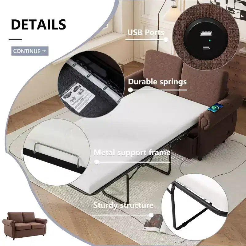57,9 Orisfur Canapé-lit convertible avec matelas en mousse à mémoire de forme et ports USB – Causeuse convertible pour petits espaces