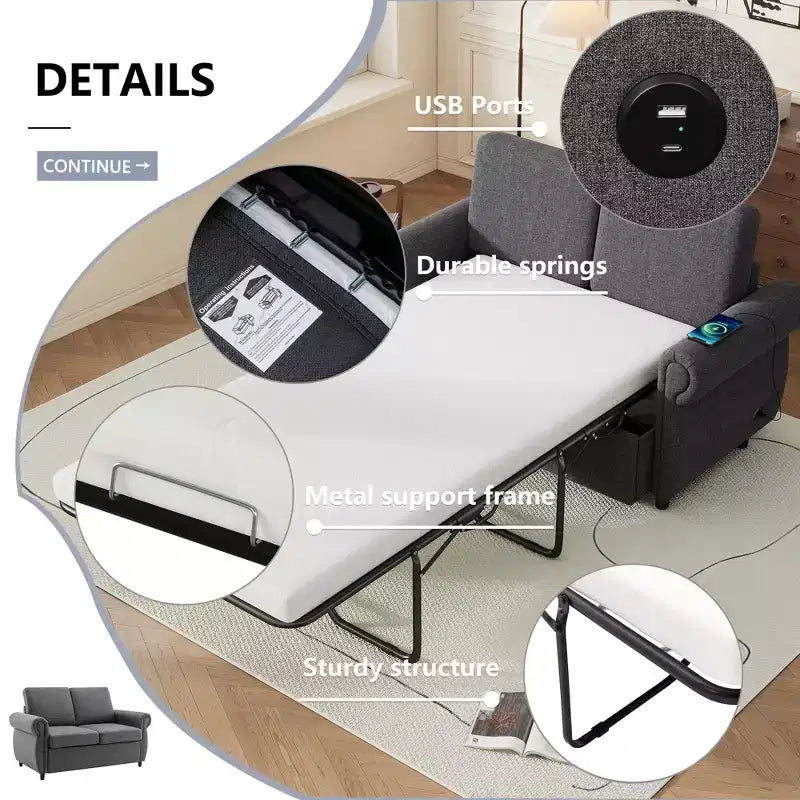 57,9 Orisfur Canapé-lit convertible avec matelas en mousse à mémoire de forme et ports USB – Causeuse convertible pour petits espaces