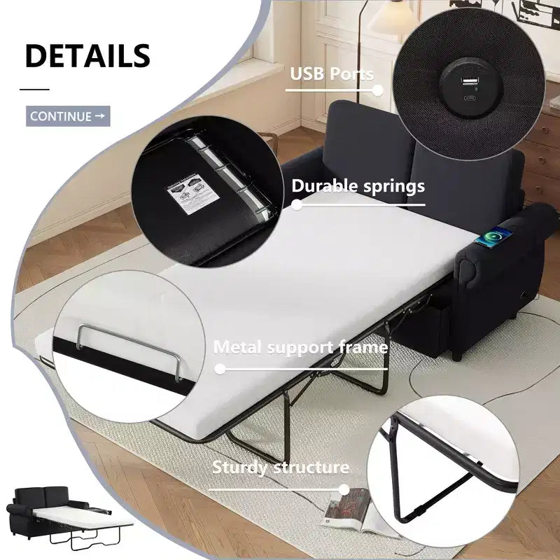 57,9 Orisfur Canapé-lit convertible avec matelas en mousse à mémoire de forme et ports USB – Causeuse convertible pour petits espaces