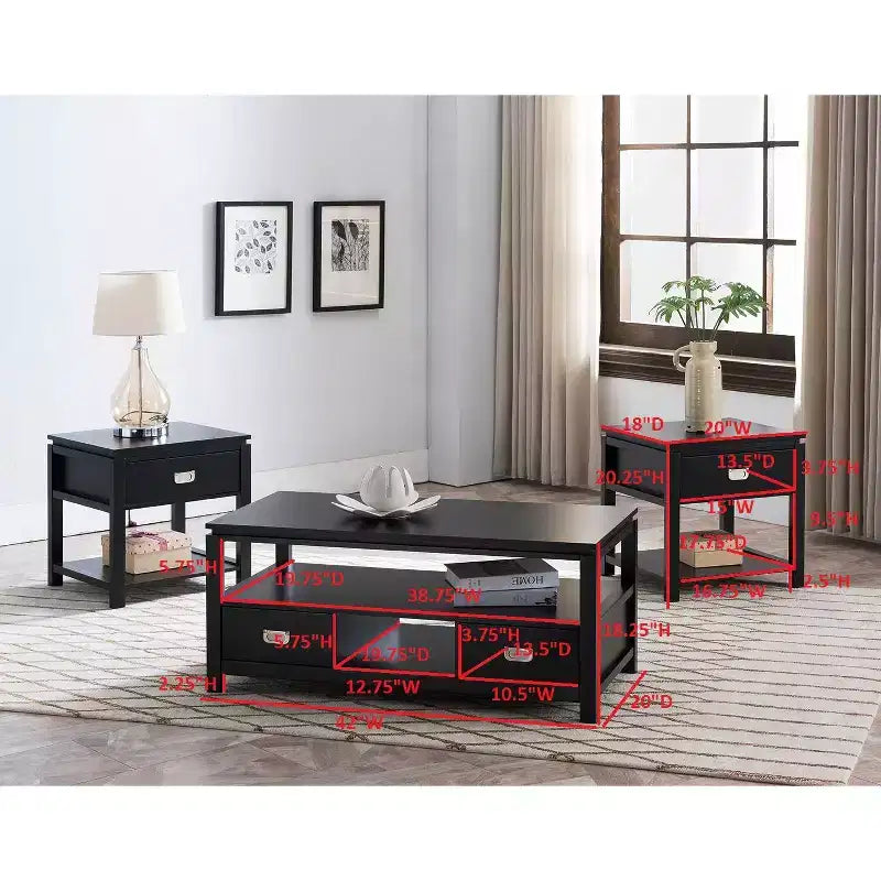 Kings Brand Furniture Willard - Ensemble de 3 tables d'appoint en bois avec table basse et tables de bout, plusieurs finitions disponibles