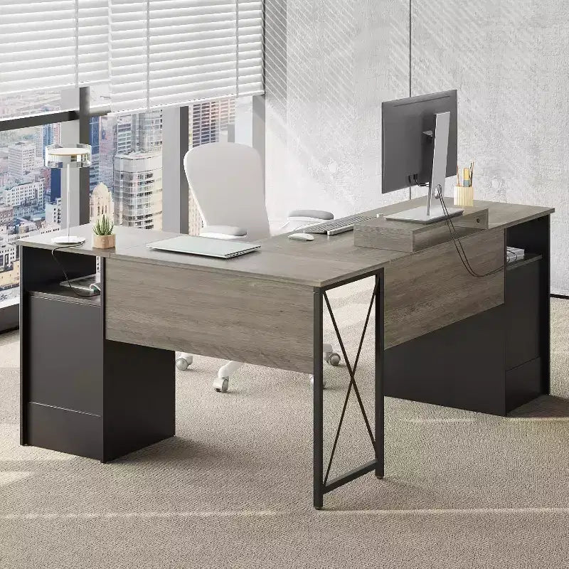 Bestier Bureau d'angle 160 cm avec 4 tiroirs, bureau de direction avec support de moniteur et tiroirs de classement pour bureau à domicile