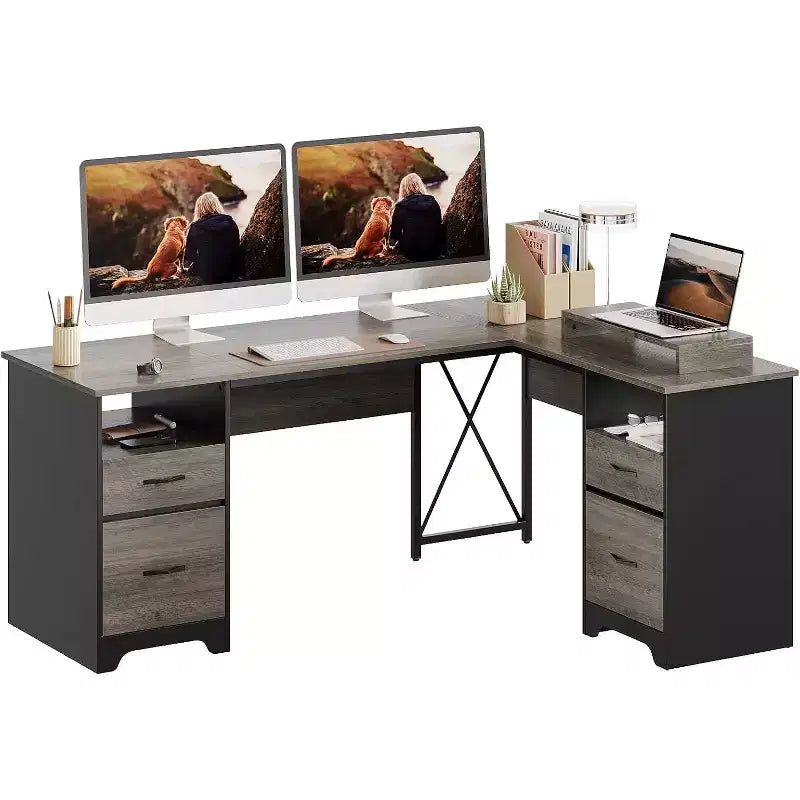 Bestier Bureau d'angle 160 cm avec 4 tiroirs, bureau de direction avec support de moniteur et tiroirs de classement pour bureau à domicile