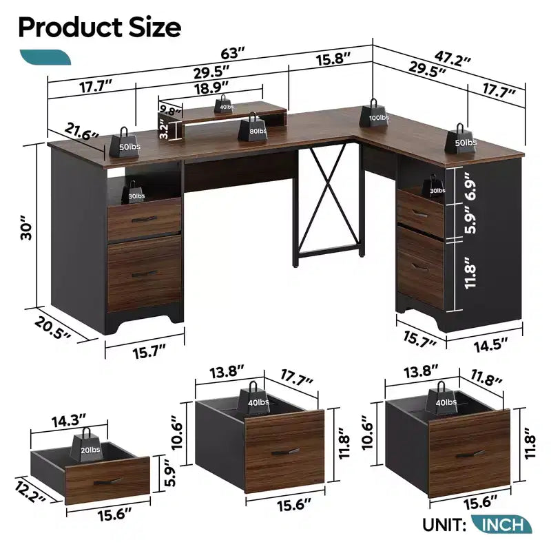 Bestier Bureau d'angle 160 cm avec 4 tiroirs, bureau de direction avec support de moniteur et tiroirs de classement pour bureau à domicile