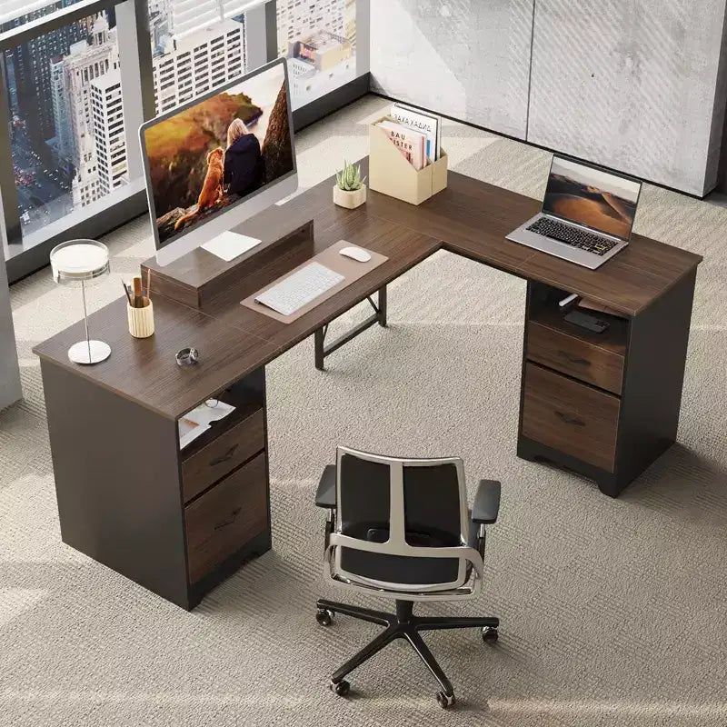 Bestier Bureau d'angle 160 cm avec 4 tiroirs, bureau de direction avec support de moniteur et tiroirs de classement pour bureau à domicile