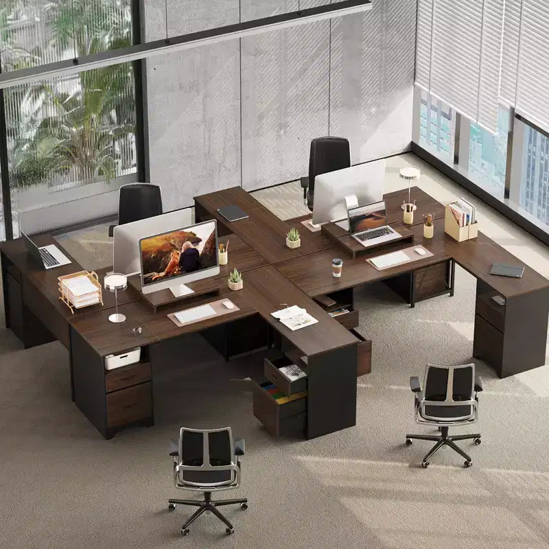 Bestier Bureau d'angle 160 cm avec 4 tiroirs, bureau de direction avec support de moniteur et tiroirs de classement pour bureau à domicile