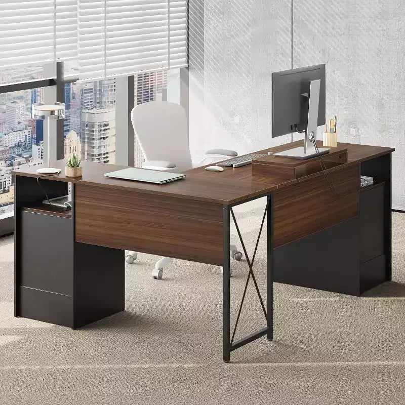 Bestier Bureau d'angle 160 cm avec 4 tiroirs, bureau de direction avec support de moniteur et tiroirs de classement pour bureau à domicile